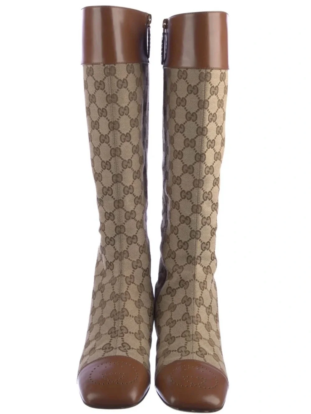 Gucci Beige & Brown Monogram Over-the-Knee Buckle Boot